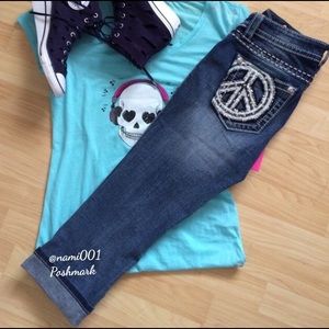 Denim Miss Me Mid-Rise Cuffed Capris Peace Sign Bling NWOT
